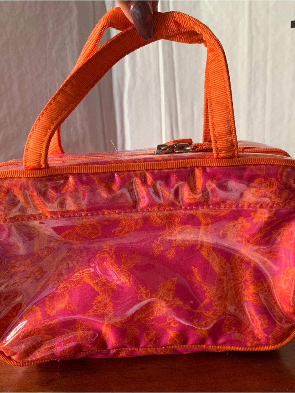 Liz Claiborne Pink and Orange Floral Vinyl Cosmetic Tote